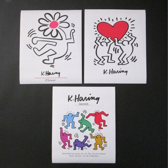 Keith Haring 3 Small Poster Print Lot Flower Heart Dancer 9 x 11 Party Palladium - Picture 1 of 9